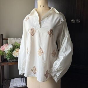 Italian Embroidered Peasant Blouse Balloon Sleeve Split Neck One Size Boho L NWT